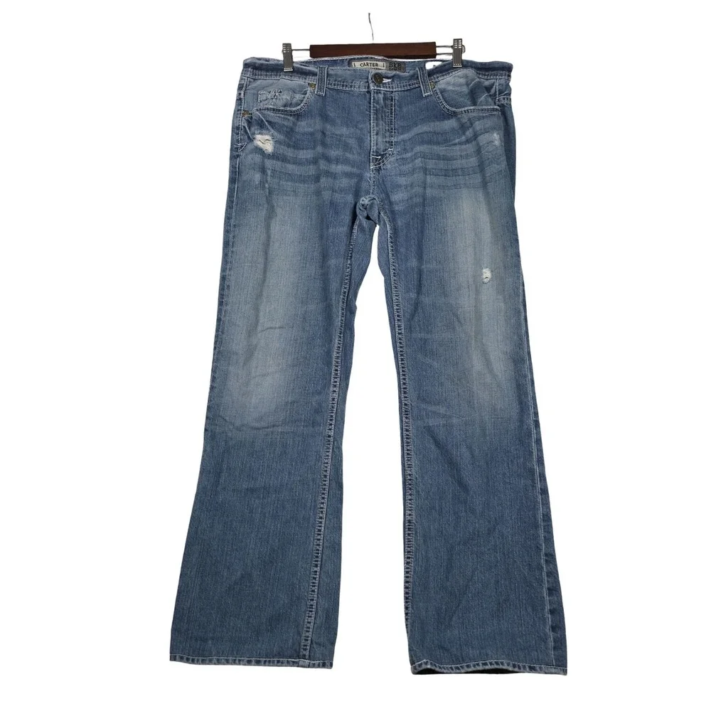 BKE Carter Straight Leg Mens Jeans 36R Medium Wash Thick Stitch Distressed Denim